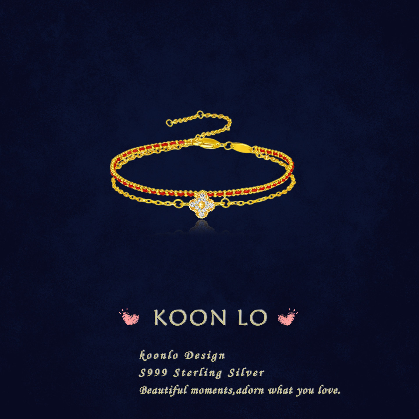 KoonLo「如意」四叶草红绳编织手链女S999纯银轻奢设计双层手饰品,饰品/流行首饰/时尚饰品新,手链,淘宝优惠券,粉丝福利购,淘宝优惠卷