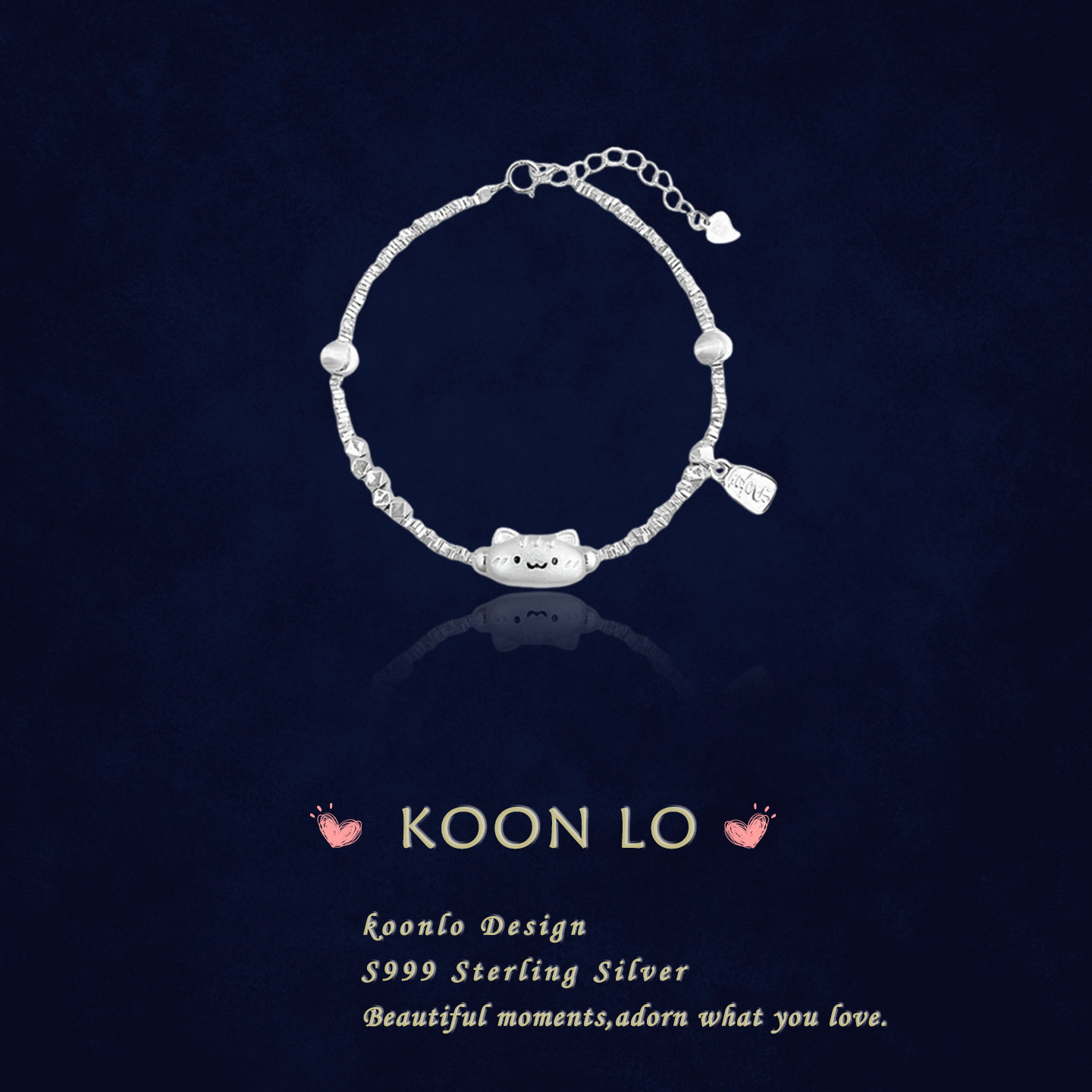 KL「招财」法棍小猫碎银手链女款S999纯银轻奢小众蝴蝶结手饰礼物
