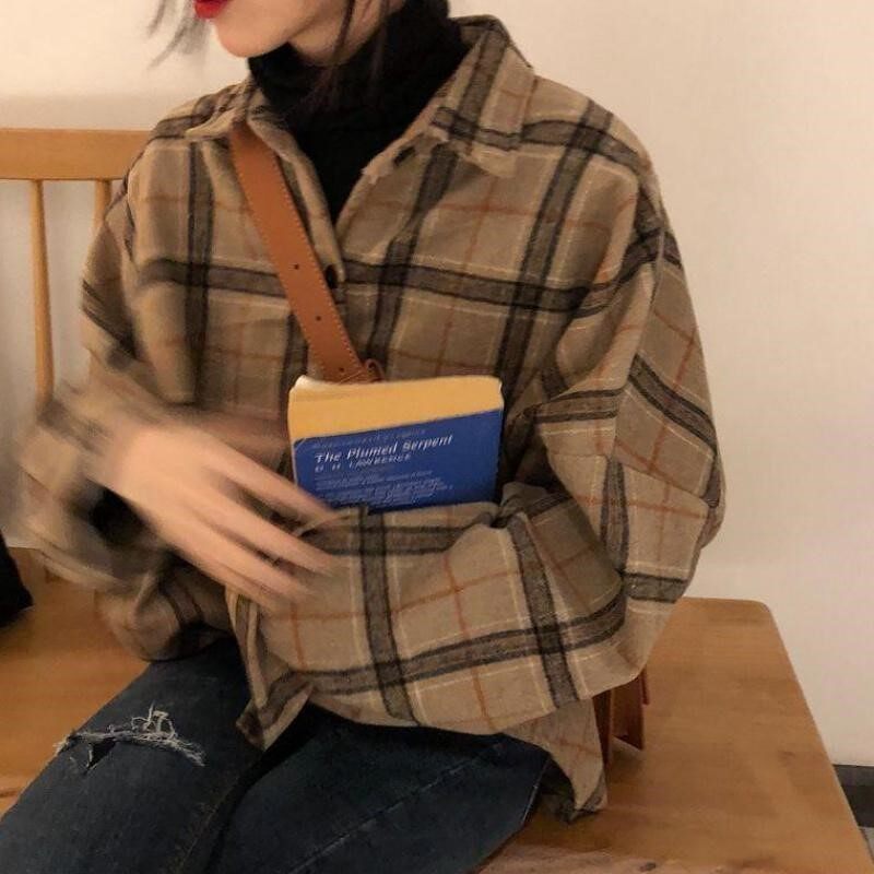 春秋新款衬衣韩国原版毛呢格子衬衫宽松oversized翻领长袖上衣女|msdalam kategori Butik wanita / wanita, shirt - dari Buy2taobao.com untuk memberikan perkhidmatan ejen Taobao profesional membeli