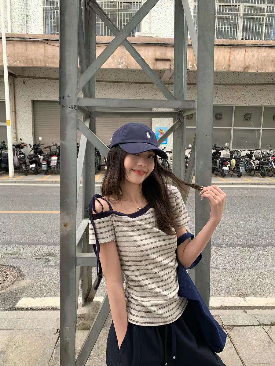 宋正恩条纹斜肩短袖T恤女夏季韩T恤