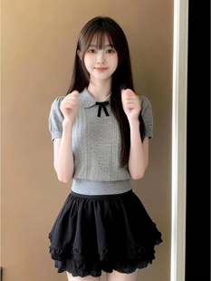 法式 针织T恤夏季 高腰显瘦半身蛋糕裙套装 女 蝴蝶结娃娃领灰色短袖