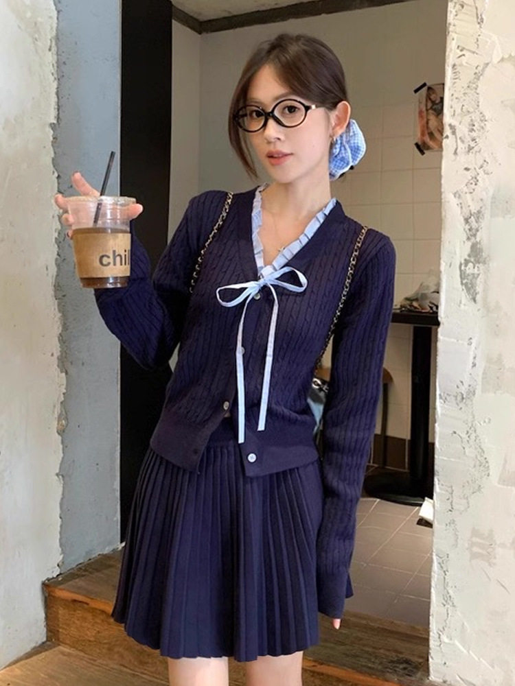 miu系麻花v领系带蕾丝打底衫毛针织衫