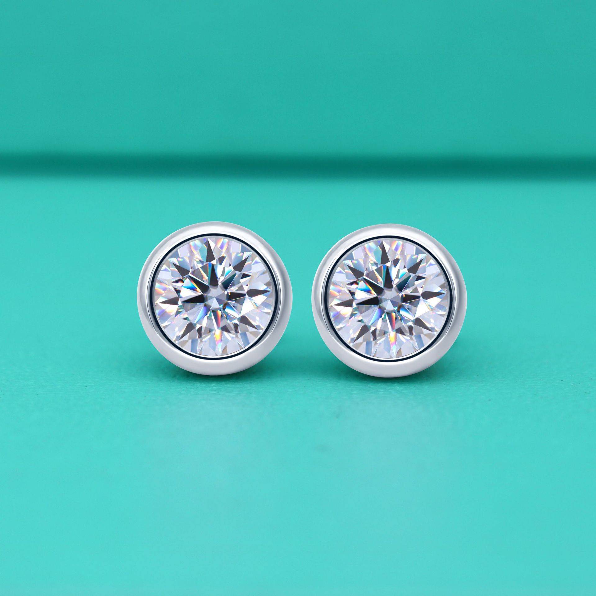 s925纯银莫桑石钻包圆耳钉女大气小众设计泡泡耳饰镶钻几何型耳钉