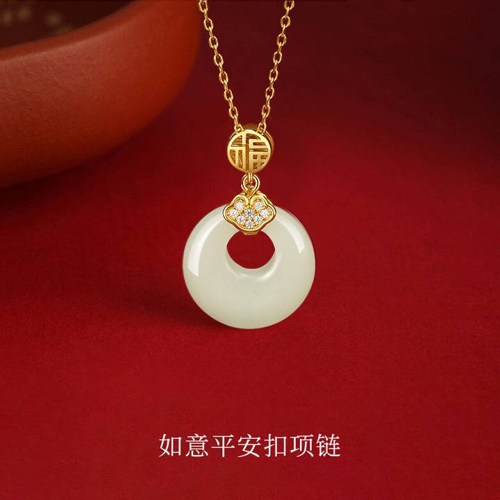 和田玉三生有杏项链女生s925纯银小众百搭高级感国风锁骨链