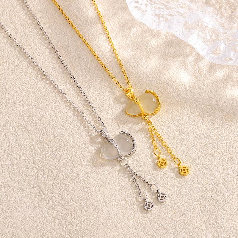 S999足银如意葫芦项链女轻奢平安锁玉髓镶嵌项饰纯银图腾锁骨链