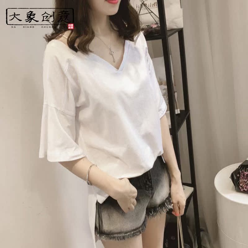 胖mm大码v领不规则短袖白色T恤女2020夏宽松显瘦露背吊带纯棉上衣在类目 女装/女士精品, 大码女装中 - 来自Buy2taobao.com提供专业的淘宝代购服务