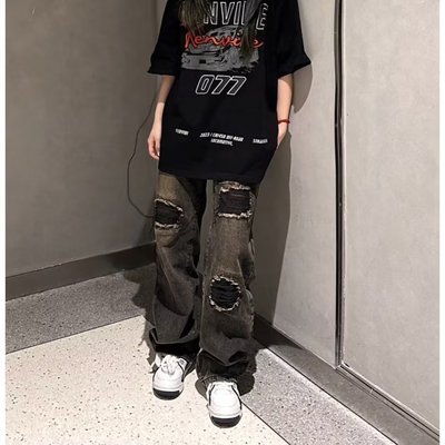 美式vibe复古做旧破洞补丁牛仔裤