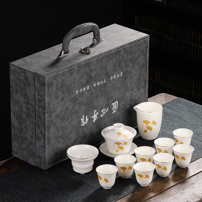 羊脂玉白瓷整套泡茶盖碗功夫茶具套装家用简约商务活动礼品伴手