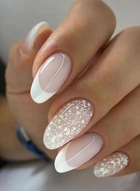 24Pcs French False Nails Almond Fake Nails with Glue Press o