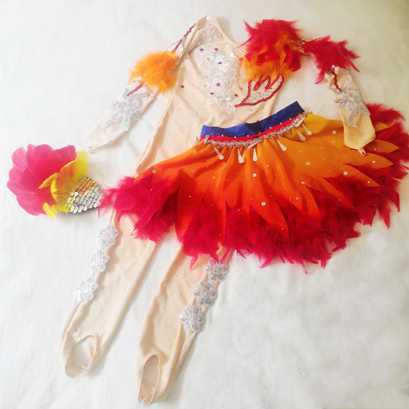 中国风舞衣定制长款太阳鸟舞裙长袖长裤表演服桃李杯小舞者独舞裙