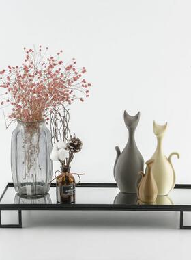 中式创意现代简约黑色轻奢铁质镜面方形托盘家居软装收纳装饰摆件