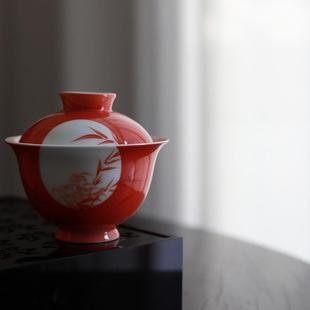 釉下彩纯手绘二才盖碗矾红晴窗清欢盖碗竹子文人泡茶碗陶瓷