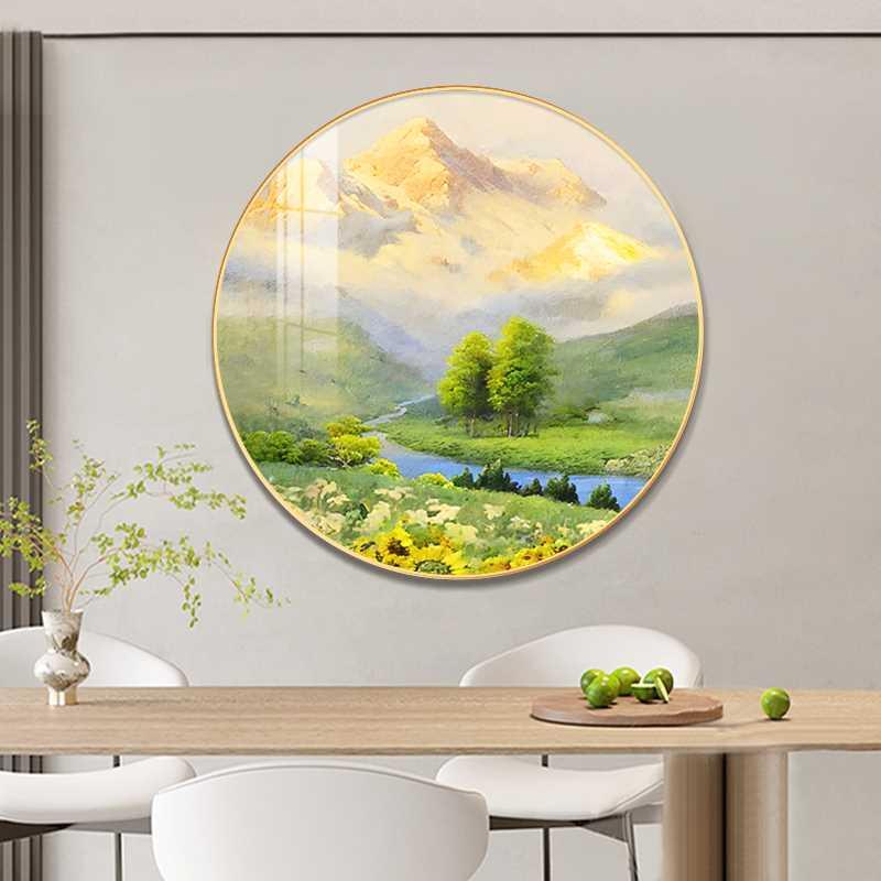 日照金山圆形入户玄关装饰画北欧饭厅风景山N水画挂画走廊过道壁图片