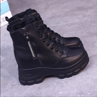 2025秋冬新款真皮厚底马丁靴女英伦风加绒显瘦小个子内增高短靴女