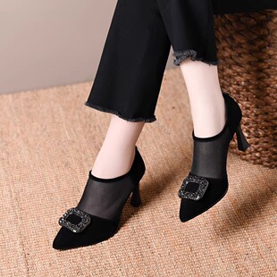 品牌撤柜细跟尖头高跟鞋女夏季镂空网纱凉鞋气质百搭职业工作鞋女