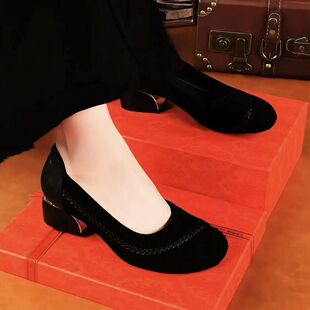 断码真皮妈妈鞋2026秋季新款粗跟浅口单鞋女舒适软底一脚蹬豆豆鞋
