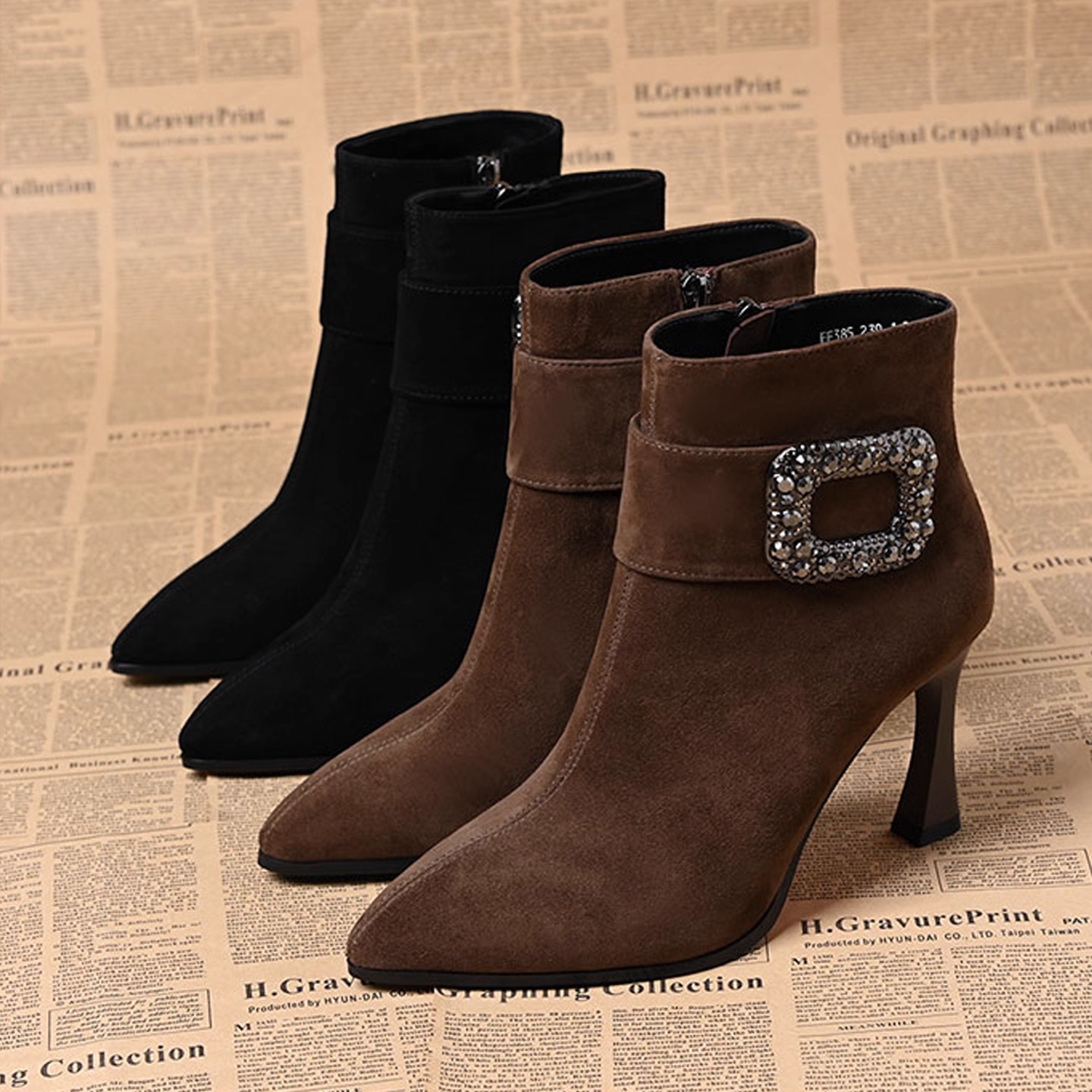 品牌撤柜女鞋磨砂尖头短靴女2025新款气质高跟鞋冬季加绒保暖棉靴