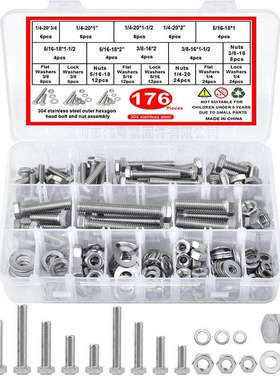 176/212/100/80pcs304美制外六角螺栓盒装1/4-20 5/16-18 3/8-1 6