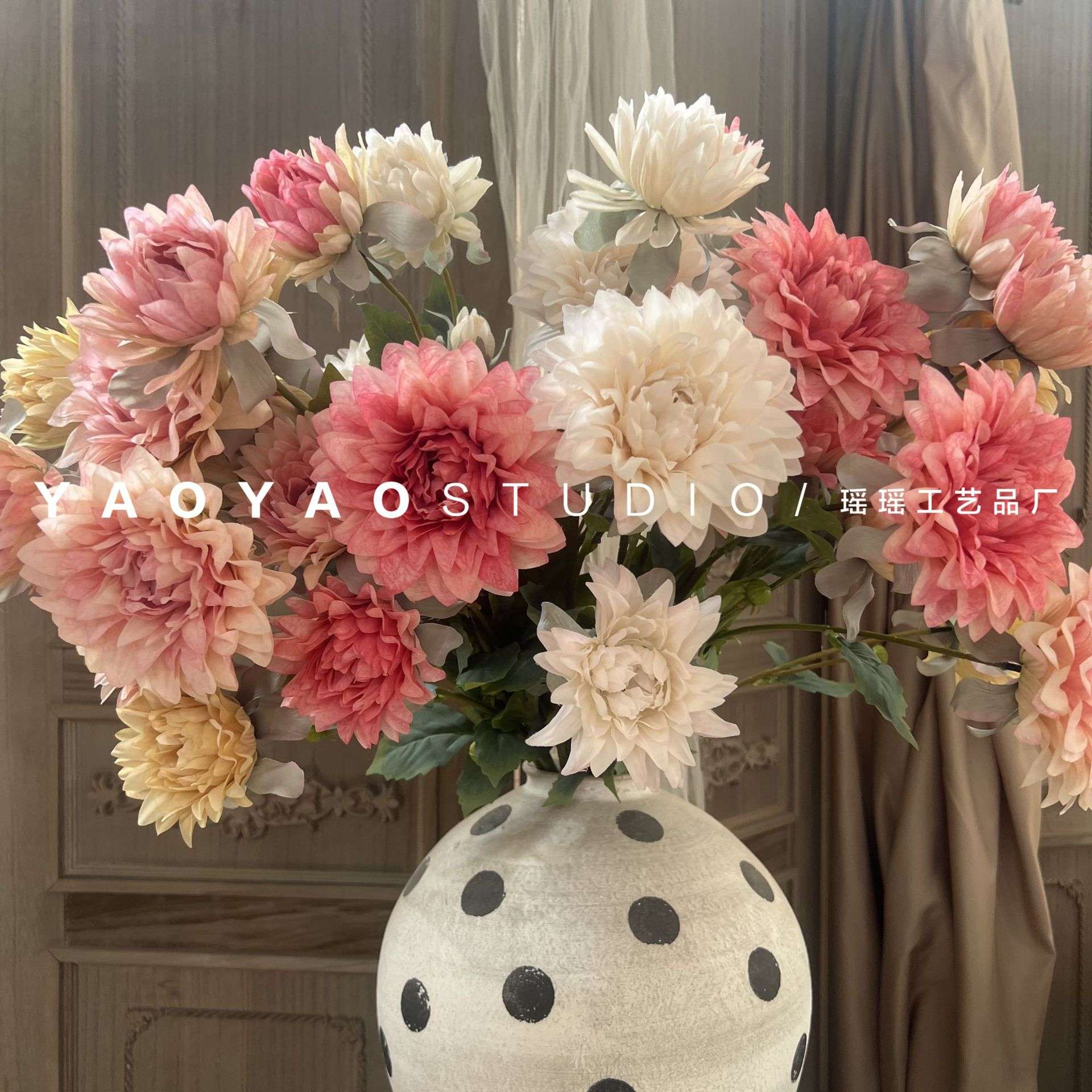 4头油画大丽花仿真花高档假花 欧式餐桌插花装饰摆设婚庆橱窗布置