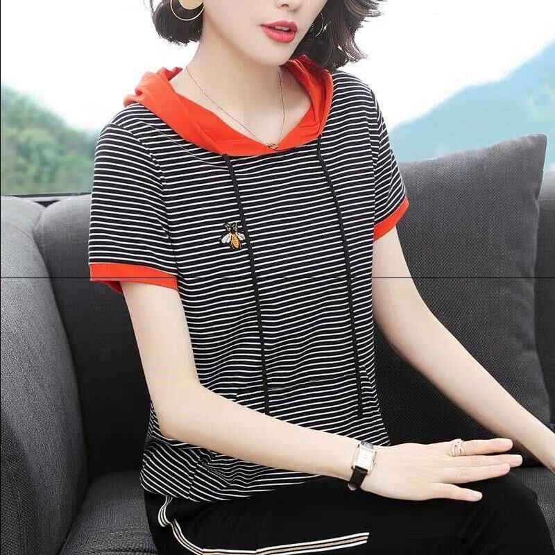 95 cotton 2019 Summer wear clothes Short sleeved T-shirt Hooded Socket stripe Blouse leisure time Easy Large T-shirtin the Women's clothing/Boutique , T-shirt  category - from Buy2taobao.com to provide professional Taobao agent buy service