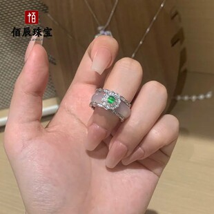 2026高冰种白玉髓戒指镀银镶嵌女款白玛瑙玉石戒指一戒两戴礼品