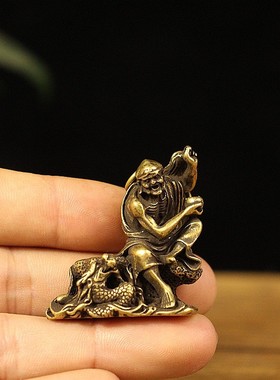 2026实心复古黄铜做旧铜降龙伏虎罗汉黄铜铜佛像仿古微雕桌面装饰