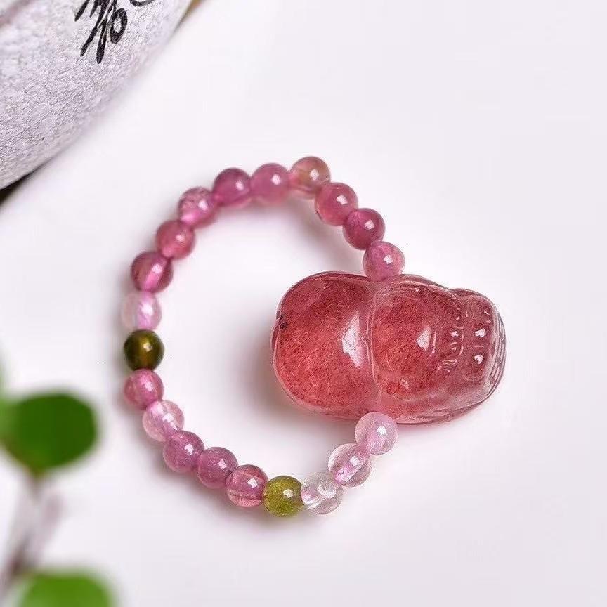 2025天然水晶貔貅戒指粉晶紫水晶草莓晶黄水晶月光石弹力指环百搭