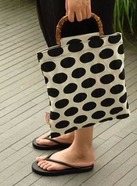 2025新款 欧美竹节包 复古简约波点黑米配色波普风托特包手提包双
