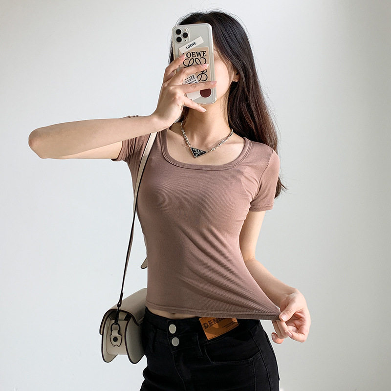 u领短袖外穿打底春装韩版大码上衣女2025夏季修身显瘦纯色白色T恤