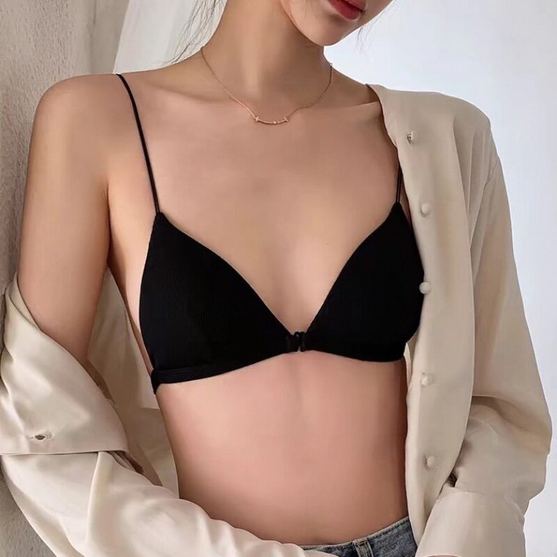 美背前扣内衣女超薄款夏季无钢圈小胸聚拢法式三角杯无痕细带文胸