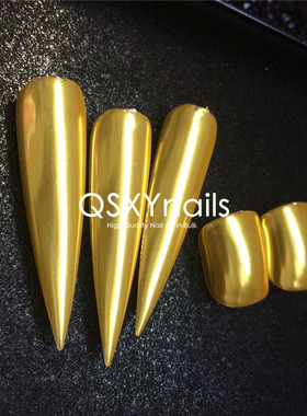 QSXYnails超亮荧光黄鲜艳美甲魔镜粉柠檬色镜面清透金感欧美闪粉