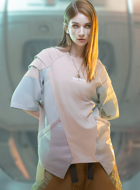 不作恶「矩阵特攻短恤」赛博朋克街头宽松机甲网眼拼色短袖T恤夏