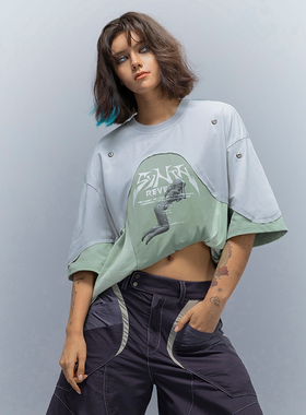 XIPHEVIL「梦姬生态服」街头宽松凉感抗菌遮热拼接原创数码印花恤