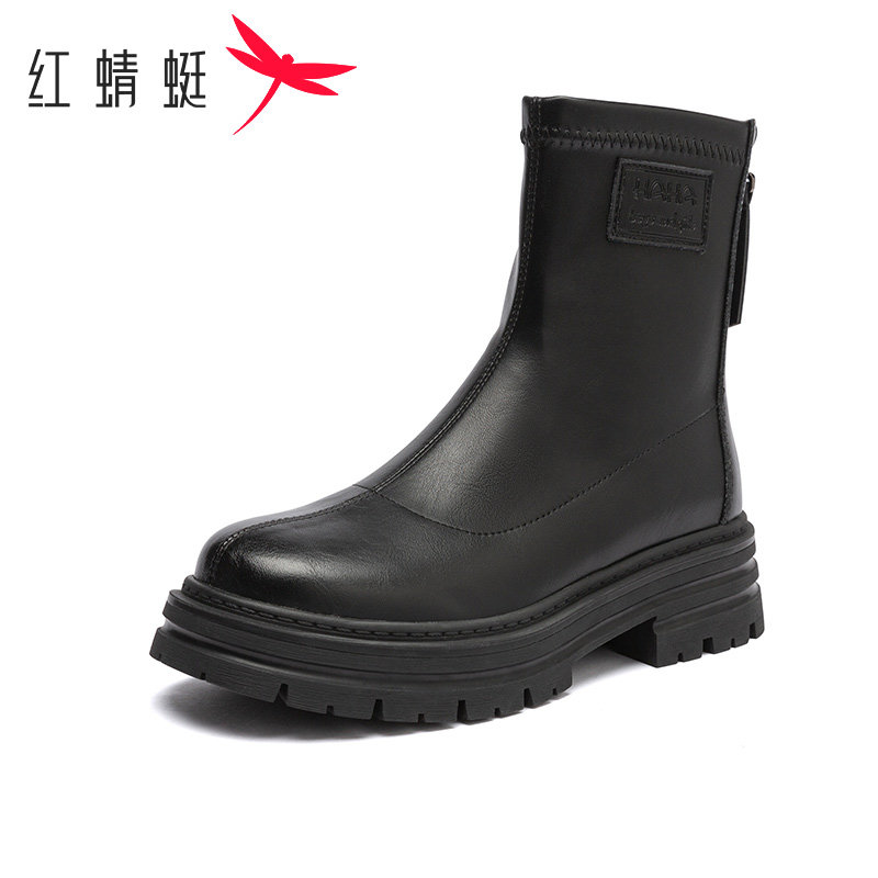 红蜻蜓黑色中跟短靴女