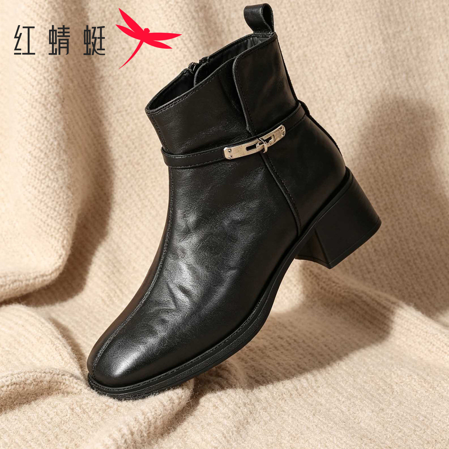 红蜻蜓女鞋牛皮粗跟瘦瘦短靴