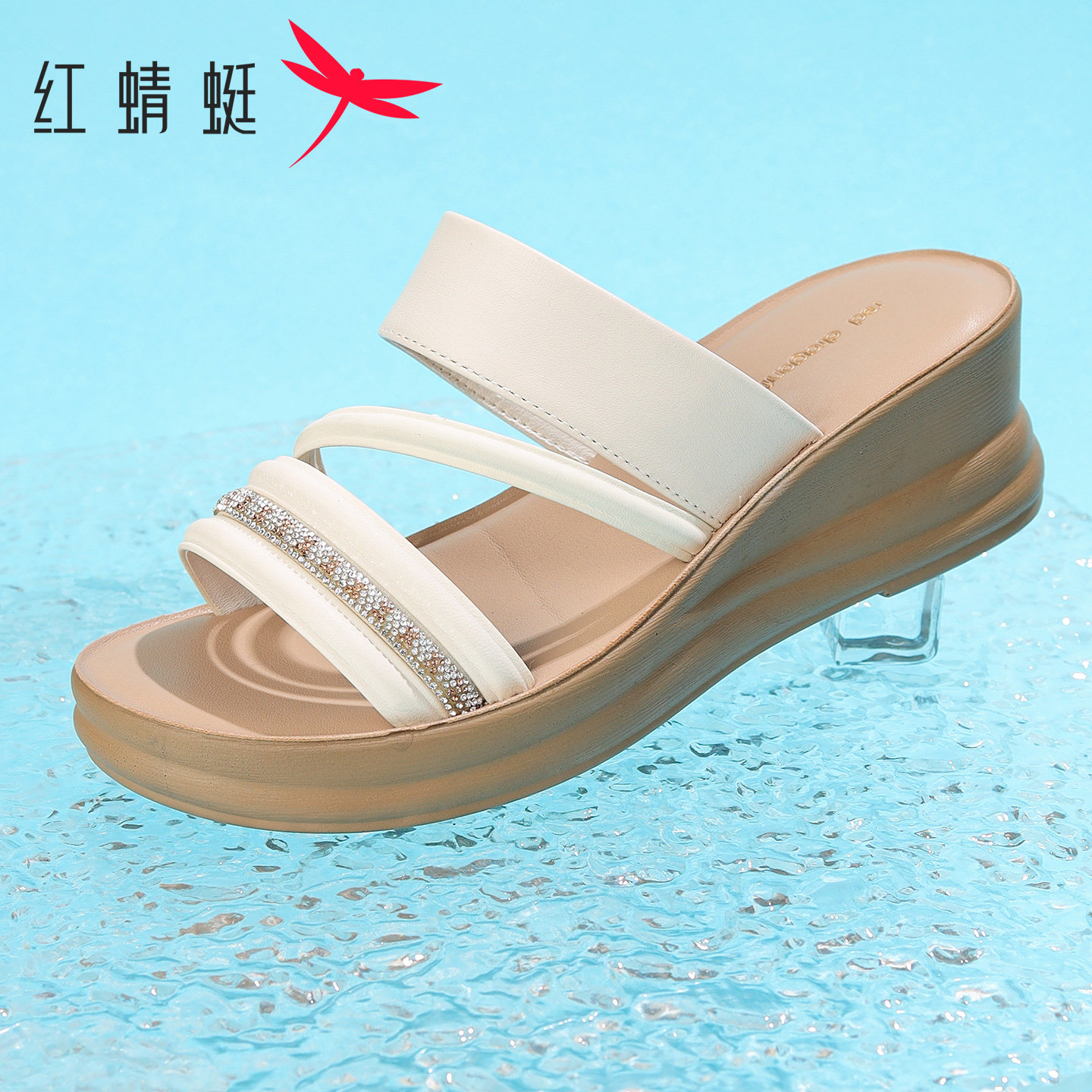 红蜻蜓中老年女凉鞋皮跟一字拖鞋