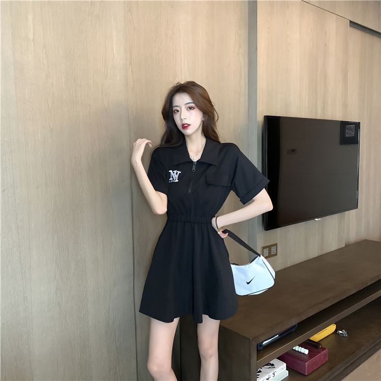 黑色连衣裙女夏季新款韩版气质显瘦刺绣A字裙polo领小黑裙