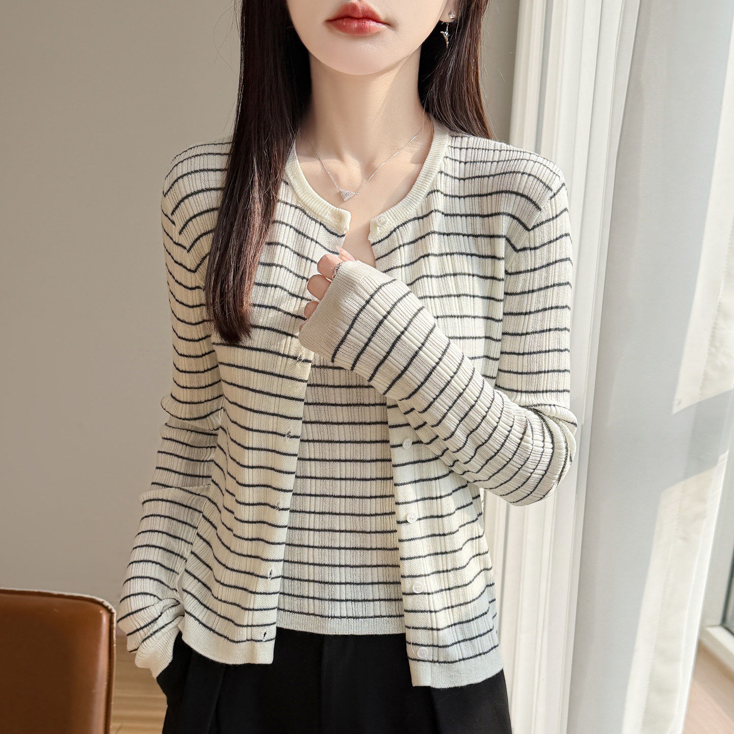 秋冬法式条纹显瘦针织两件套女