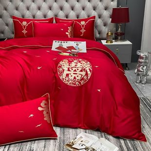 空调被四件套红色婚庆中式 大红色新婚被套床单喜被结婚床上用品热