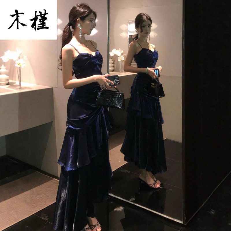 法式荷叶边蓝色长裙60