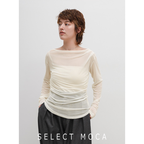 SELECTMOCA薄纱透视侧抽褶打底衫