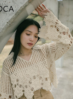 SELECT MOCA 高质感V 领勾针编织短款罩衫上衣女日本直邮30001469