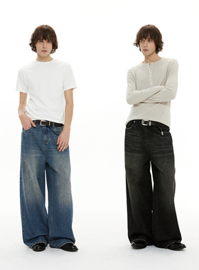 DIMC复古洗水宽松baggy牛仔裤 新款蓝色黑色阔腿直筒男女休闲长裤