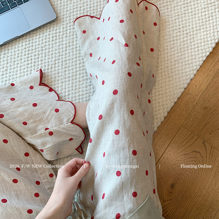 韩式红波点花边亚麻高腰阔腿裤