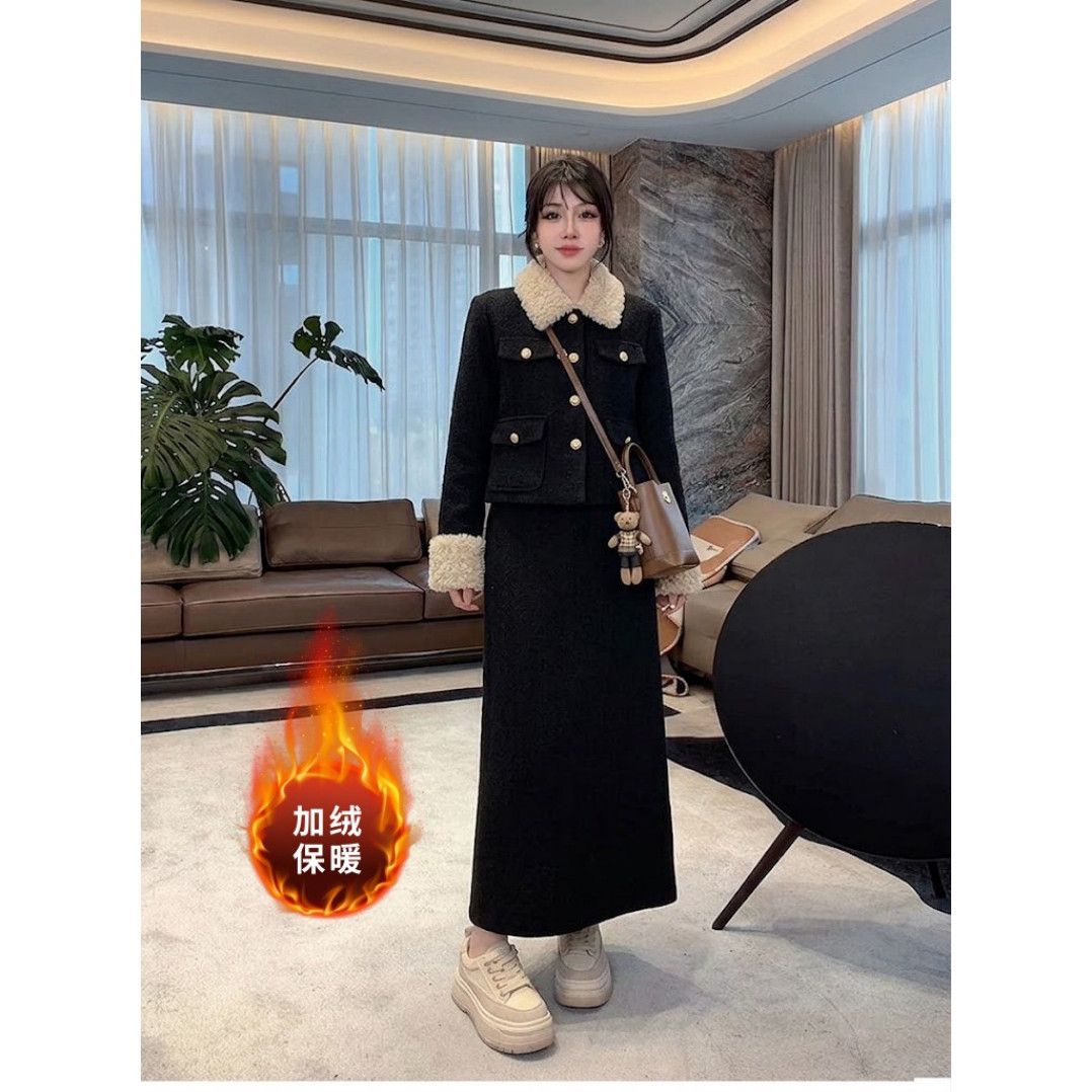 爆款加绒加厚小香风套装女高级感羊羔毛领短款外套半身裙子两件套