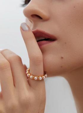 臻致 S925银简约仿珍珠复古圆形花边戒指女小众设计轻奢风食指环