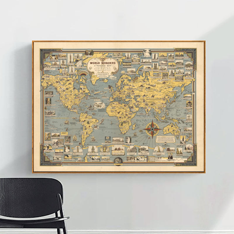 世界奇迹建筑地图海报 奇观地标遗迹景点旅游指南复古装饰画挂画