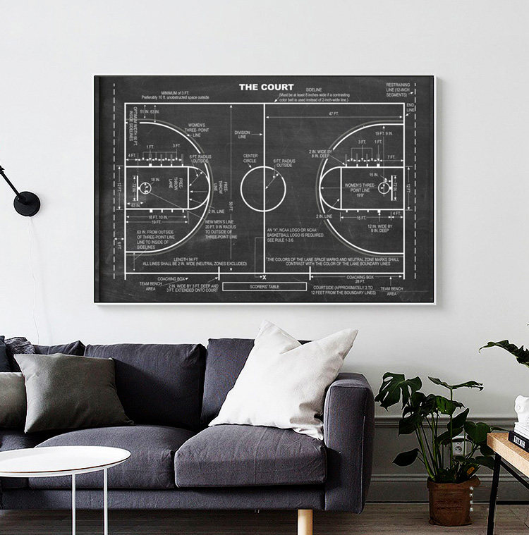 篮球场标准场地尺寸装饰画 nba球迷礼物简约客厅卧室运动挂画