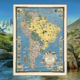 南美洲插画地图海报 拉丁美洲热带雨林景观自然风景旅游地理墙画