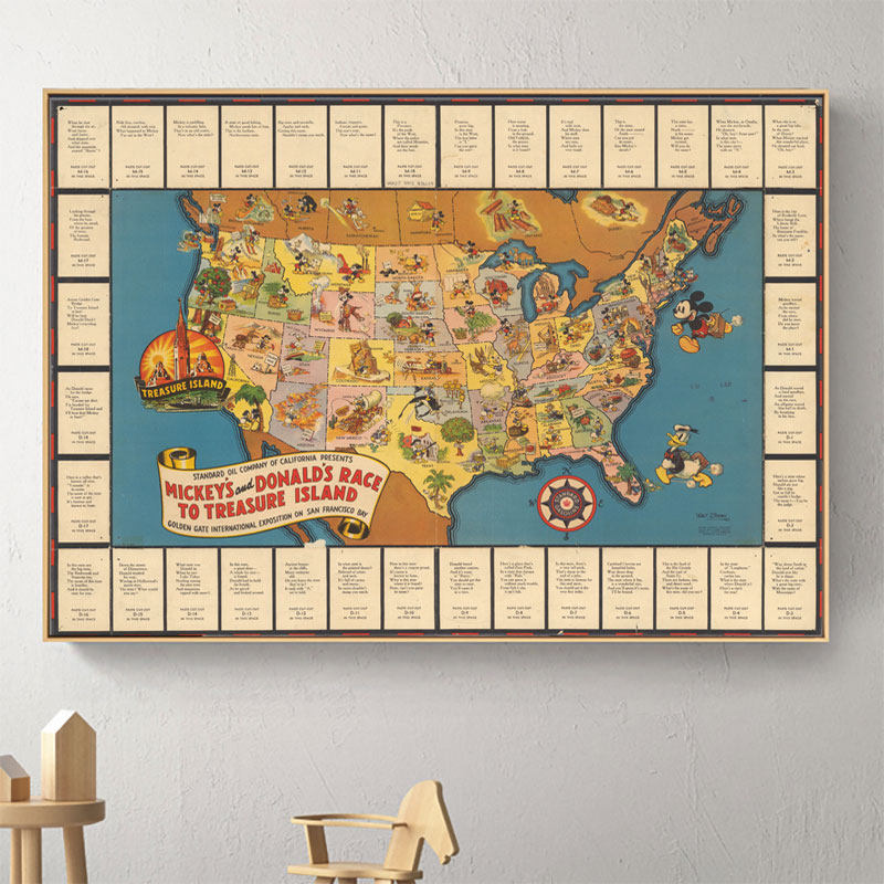 迪士尼米老鼠和唐老鸭的金银岛竞赛海报 迪士尼卡通动漫复古墙画